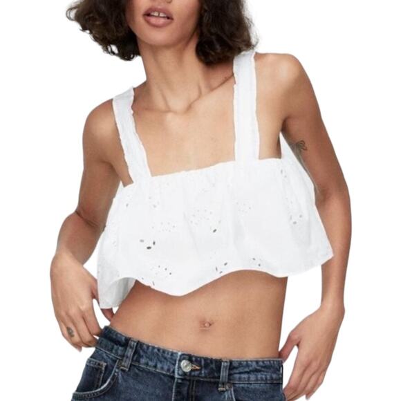 Zara Eyelet Embroidered Ruffle Crop Top Small White Boho Cottage Dainty Coquette - Picture 1 of 8